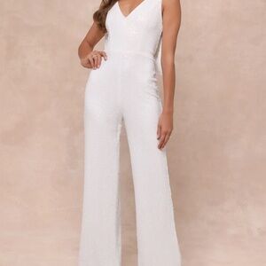 LuLus Feeling Sparkly White Sequin Bow Wide-Leg Jumpsuit